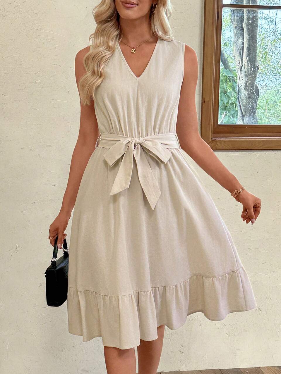 Women's Summer Casual Solid Color Sleeveless Midi Dress Picnic Beige Summer Dress Elegant Dresses For Women Going Out Outfits Cotton Dresses For Women