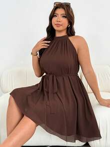 Shapeblank Plus Size Women's Spring/Summer Fashion Casual Loose Comfortable Daily Brown Chiffon Halter Neck Short Dress, Elegant, Minimalist Style, Vacation - Brown - View 7