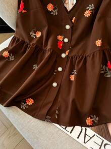 SHEIN LUNE CURVE Kemeja Chiffon Berkerudung Motif untuk Wanita Ukuran Plus, Gaya Liburan Kasual dengan Bukaan Depan, Pilihan Serbaguna untuk Musim Semi, Gugur, dan Musim Panas - Coffee Brown - View 5