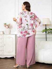Reflora Conjunto de 2 piezas de top y pantalones con estampado floral elegante talla grande - Multicolor - Ver 2