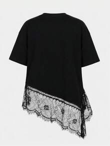 SHEIN 青少年女孩 春夏新款休閒簡約色針織圓領蕾絲飾邊拼接不對稱下擺寬鬆短袖T恤 - 黑色 - View 2