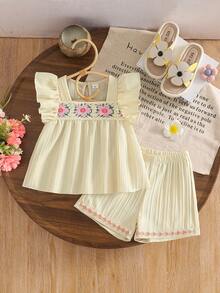 SHEIN Genkimix Kids 女童刺繡緞帶飾邊荷葉袖輕盈飄逸寬鬆短褲，活潑靈動森系田園風休閒夏季穿搭，適合出遊、度假與聚會 - 杏色 - 查看 5