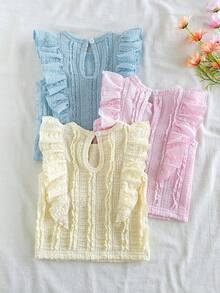 SHEIN Vintaside Kids 3件組彩色極簡田園風荷葉邊飾緹花布料荷葉領套頭T恤上衣，舒適休閒可愛，春夏新款 - 彩色 - 查看 2