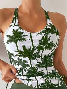 Swim Lushoire Women's Vacation Beach Coconut Tree Print Tank Top And Solid Color Fitted Shorts Swimsuit Set - Olive Green - View 3