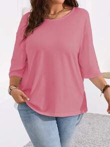 Plus Size Women's Solid Color Round Neck Dropped Shoulder 3/4 Sleeve Casual T-Shirt - Watermelon Pink - View 5