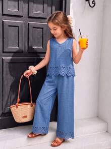 Young Girl Top Set,V-Neck Burn-Out Pattern Bowknot Sleeveless Top&Wide-Leg Pants Summer,Matching,Family Vacation,Holiday Outfits - Blue - View 3