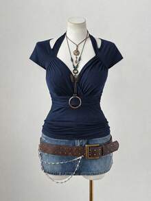Sunspun Plus Size Women Square Neck Ruched Long Sleeve Tight Fit Metal Ring Elegant Vintage Casual Home Brown T-Shirt - Blue - View 3