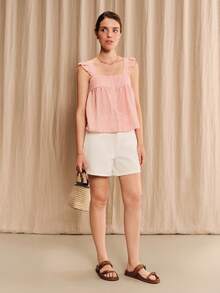 lacRébo Pink And White Striped Square Neck Blouse Loose Fit Ruffle Sleeves Open Back Self Tie Bow Summer Holiday Romantic Cute Vintage Vacation Tea Party - Pink - View 7