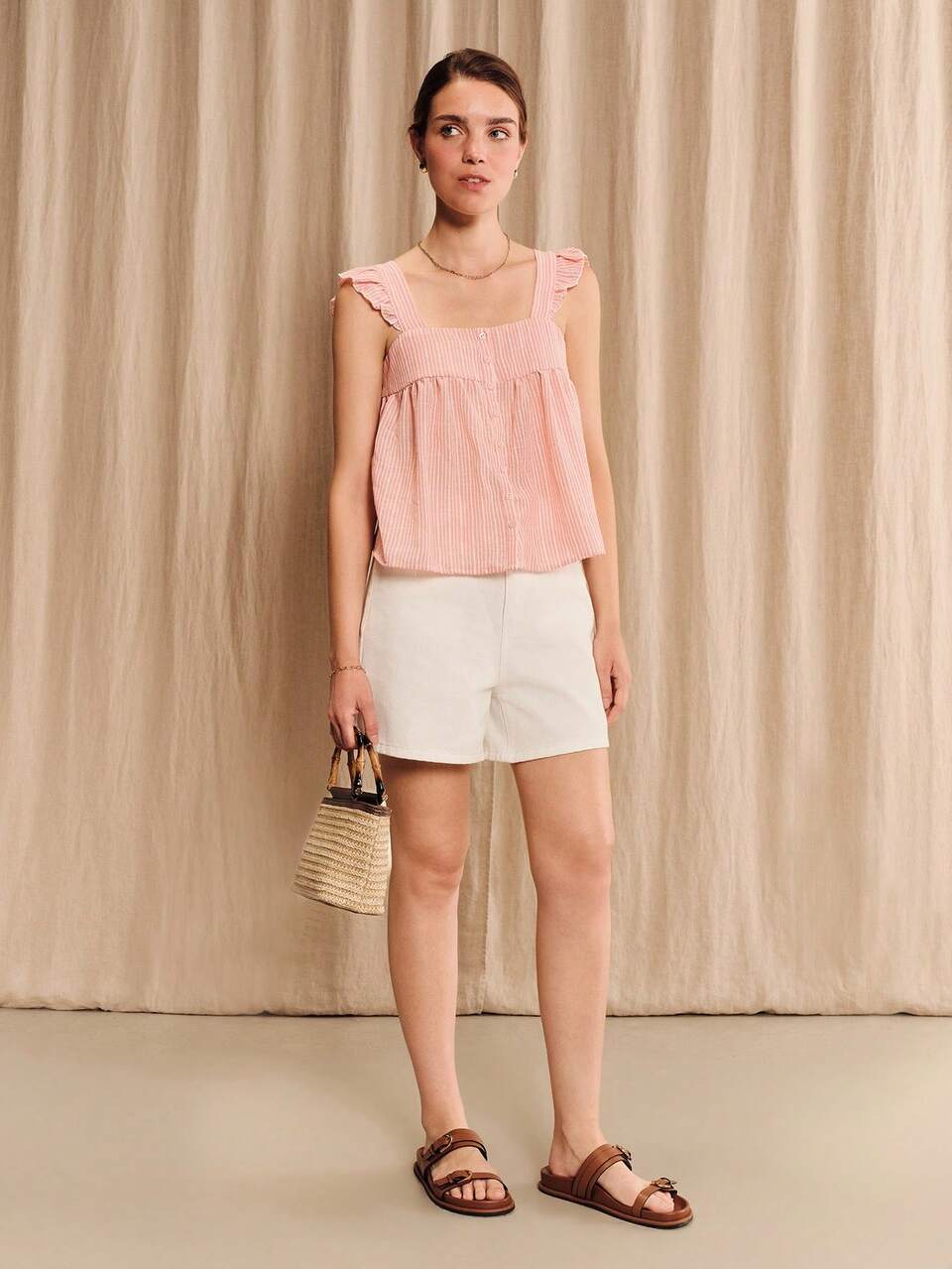 Pink Striped Square Neck Blouse Loose Fit, Ruffle Sleeves And Open Back With Self Tie Bow Summer Holiday Casual Vintage