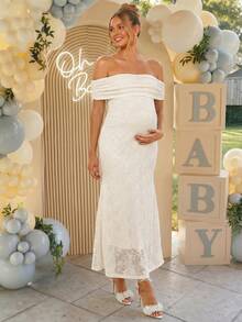 Loomaby Maternity Off-Shoulder Pleated Jacquard Elegant Dress,Gender Reveal Dress,Maternity Dress,Baby Shower Dress - Apricot - View 4