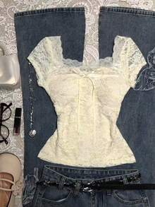 INAWLY Women's Elegant Solid Color Lace Blouse With Bow Decor, Summer - Apricot - View 1