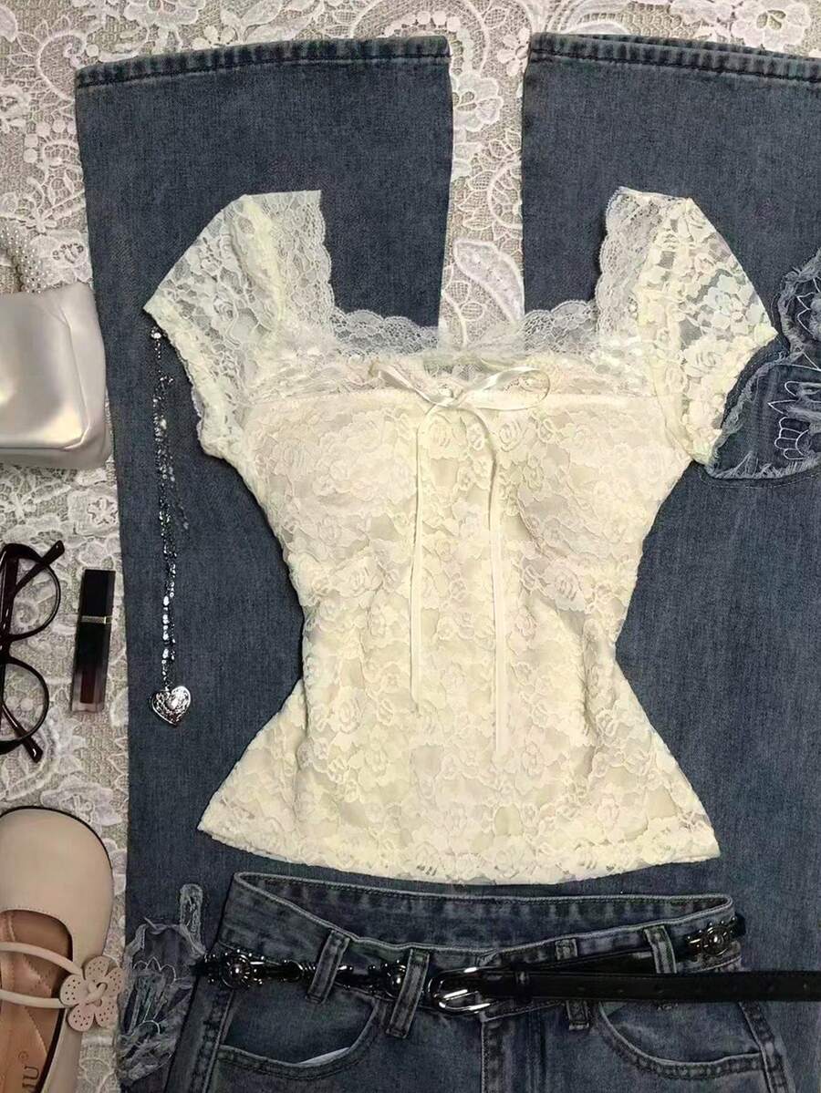 INAWLY Women's Elegant Solid Color Lace Blouse With Bow Decor, Summer - Apricot - View 1