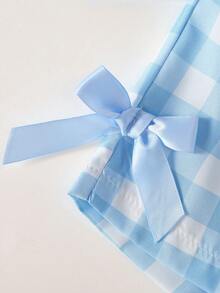 SHEIN Playful Pals BABY GIRL Summer Blue Set Textured Sleeveless Top Blue Plaid Shorts Decorated With Blue Bow Daily Outing Essential - Blue and White - View 4