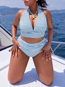 Slaydiva Plus Size 2-Piece Minimalist Casual Summer Women's Halter Neck Separated Fashion Vacation Beach Swimsuit Set - Multicolor - View 8