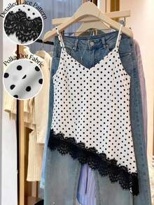 Modelyn Plus Size Women's Polka Dot Print Contrast Lace Hem Camisole Tank Top - Black and White - View 3