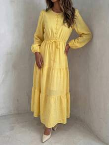 Yasmyna Women's Solid Color Long Sleeve Round Neck Bow Knot Button Arabian Dress Going Out - Yellow - View 7