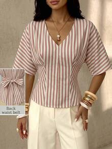 NOVVYNE Elegant Neutral Vertical Stripe V Neck Back Bow Peplum Slim Fit Trouser Matching Cami - Khaki - View 8