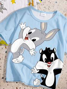 LOONEY TUNES X SHEIN GraphicGems Baby Boy Round Neck Cartoon Print Casual Versatile Daily Outing Short Sleeve Tops 2pcs/Set - Multicolor - View 5