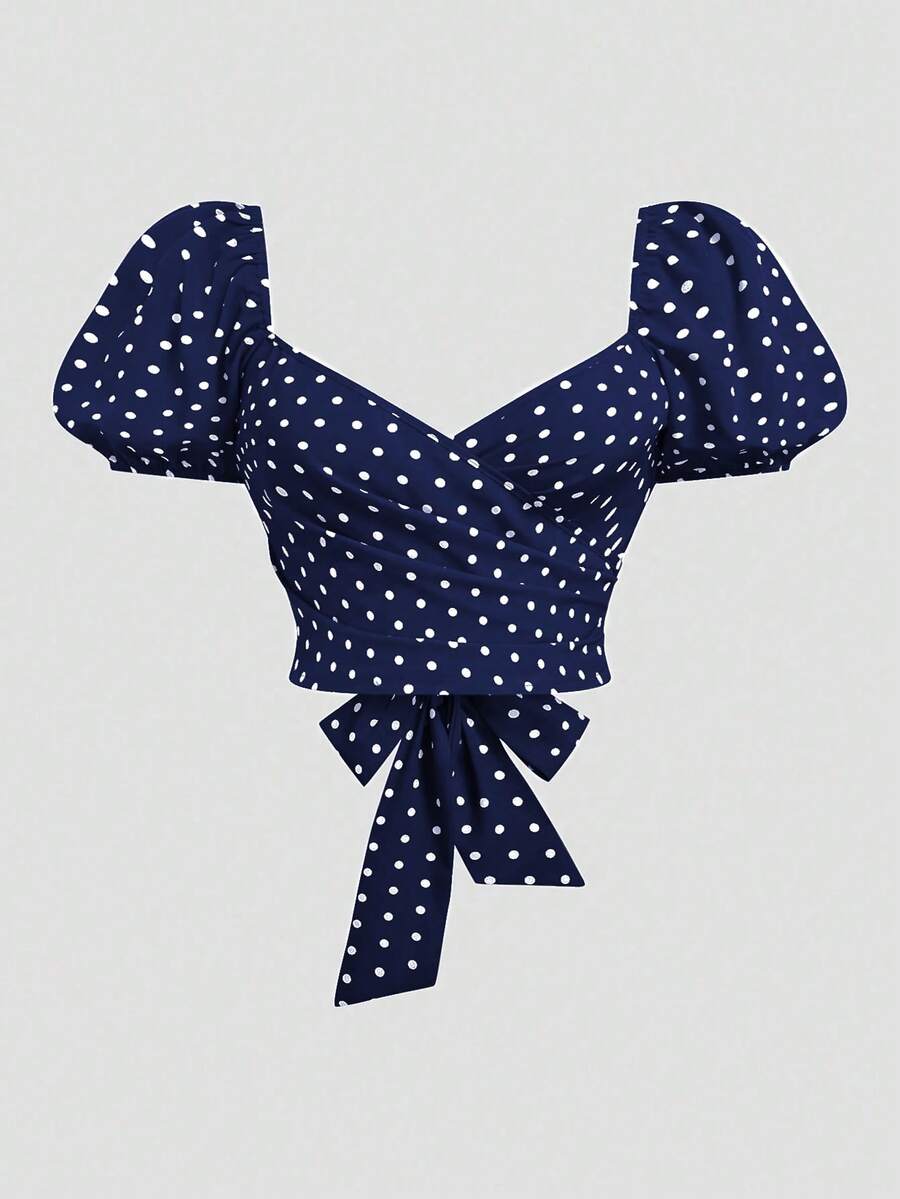 Sweetra Elegante lässige Damenbluse in großen Größen mit Criss-Cross-Design, Plissee und süßem Polka-Dot-Muster - Verschiedenfarbig - Übersicht 1