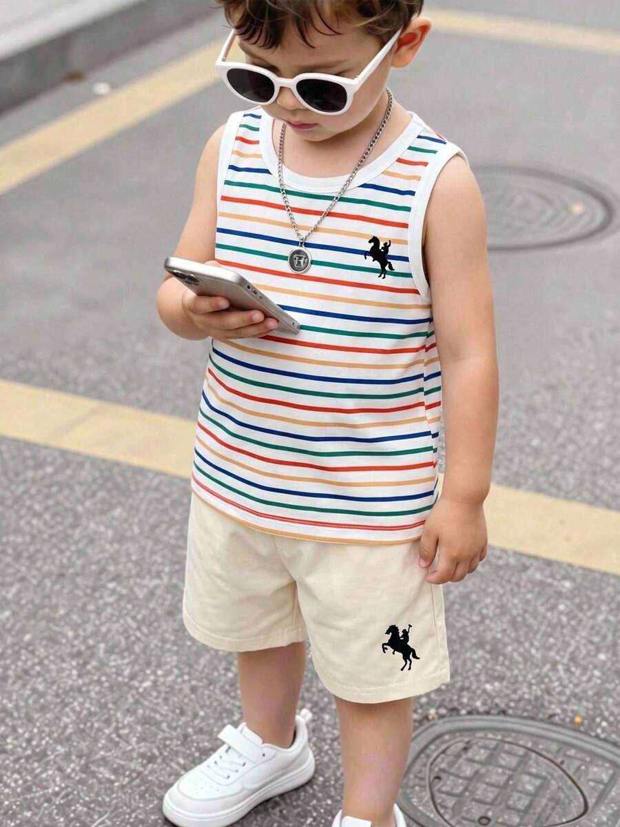 Souflis Souflis 2件組小男孩休閒衝浪板椰子標語印花柔軟無袖圓領背心與短褲套裝,適合夏季日常休閒穿著、度假海灘假期,兒童夏季套裝 - 彩色 - 查看 1