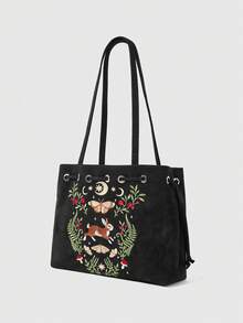 ROMWE Fairycore 復古森系星月兔刺繡托特包 高級麂皮面料 精緻植物蝴蝶重工刺繡 大容量抽繩設計 暗黑小眾氛圍 通勤上課百搭單肩包 - 彩色繡花 - 查看 2