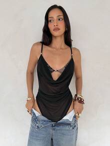 Aloruh Black Lace Bodysuit Sexy Bra Cup Mesh Patchwork - Black - View 6