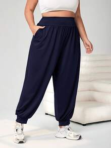 SHEIN CURVE+ Curve Plus 素色長版束口長褲附口袋，大尺碼，清爽面料，夏季 - 藏蓝色 - 查看 3