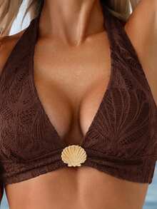Swim Lushoire Women's Summer Coffee Jacquard Fabric Front Center Shell Metal Buckle Swimsuit Set - Coffee Brown - View 3