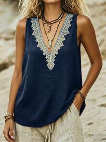 EMERY ROSE Women's Woven Casual Resort Summer Top - Navy Blue - View 3
