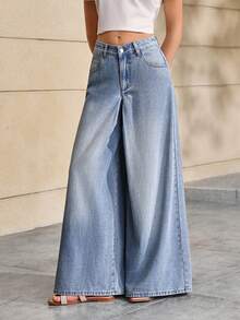 Selenza Women's Pocket Button Casual Versatile Daily Wear Wide Leg Denim Jeans Daily Light Blue Summer/Heavy-Duty Floral Embroidered Jeans - Blue - View 2