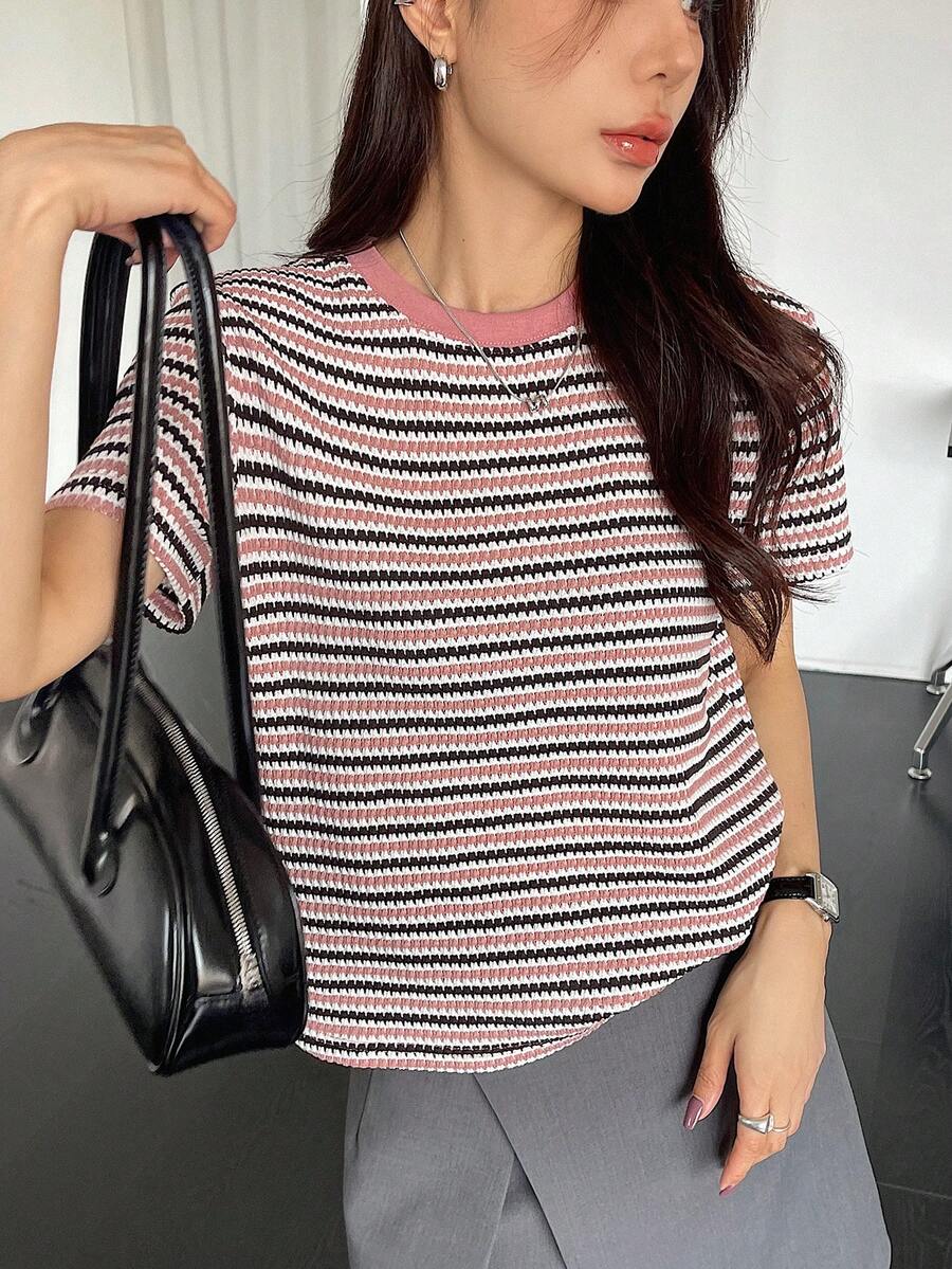 Dazy-Less 女士拼色格子短袖T恤老款夏季商务休闲女士工作服 - 粉色 - 查看 1