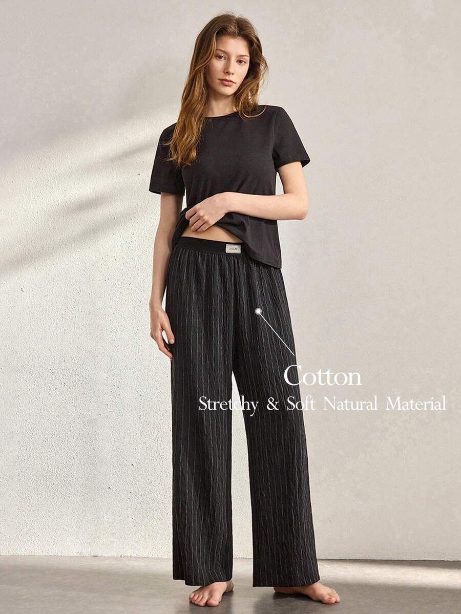 Ocili Cotton Comfortable T-Shirt & Soft Linen Pants Pajama Set For Women - Black - View 1