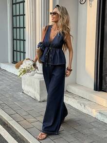 SHEIN PETITE Petite Women's Dark Wash Denim Two Piece Outfit, Sleeveless V Neck Drawstring Top With Wide Leg Pants For Summer Casual Streetwear - Dark Wash - View 4