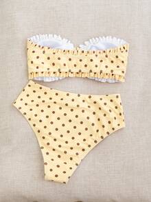 Swim Vcay 女款夏季海灘度假新款可愛平口式荷葉邊甜美小碎花精緻珍珠吊墜抽繩綁帶比基尼套裝 - 彩色 - 查看 2