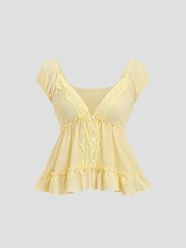 Sweetra Y2K Sexy Patchwork Lace Trim Slimming Versatile Vacation Blouse