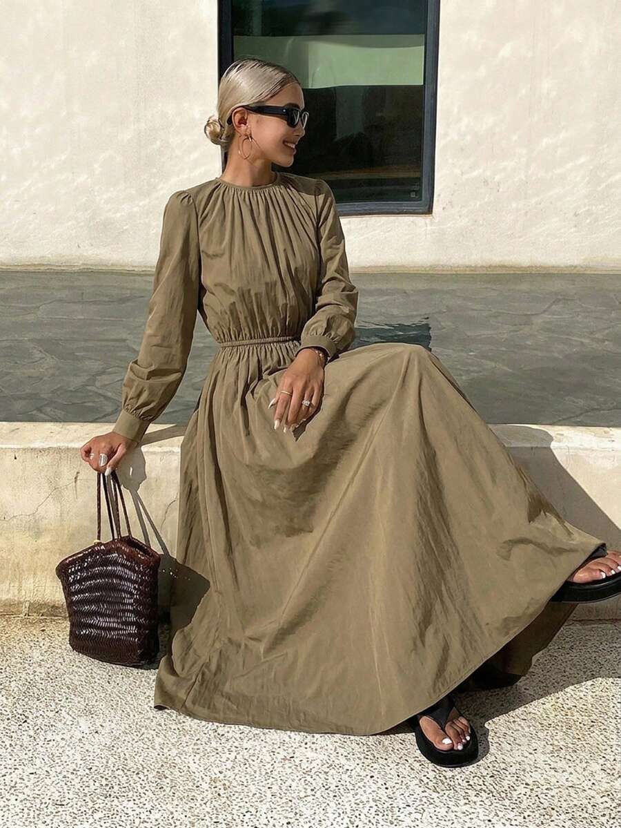 Livesso 女款 2 件套:圓領長袖橄欖綠修身收腰上衣與高腰寬鬆寬腿長褲,適合早午餐、秋季優雅穿搭 - 卡其色 - 查看 1