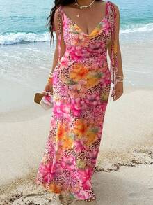 SHEIN EZwear 豹纹和花卉印花休闲长连衣裙，适合大码女性 - 彩色 - View 1