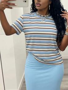 Slaydiva Summer Women's Short Sleeve Top And Skirt 2pcs Casual Daily Y2k Loungewear Going Out Vacation Back To School Holiday Blue And White Striped Baby Blue - Multicolor - View 6