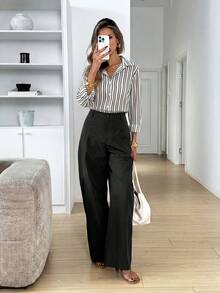 Easowa Women's Solid Color Pocket Button Loose Casual Elegant Business Long Pants, Versatile For Daily Wear Teachers' Day School Work Office Black Autumn - Black - View 5