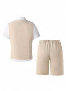 2pcs/Set Gentleman Fit Vest + Short Trousers, Elegant Luxurious Formal Wear For Birthday Party Beach Vacation, Performance, Wedding, Back To School - Khaki - View 2