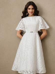 Savoree Elegant 3D Embossed Floral Jacquard White Cinched Waist Round Neck Flutter Sleeve Midi Dress For Women - White - View 5