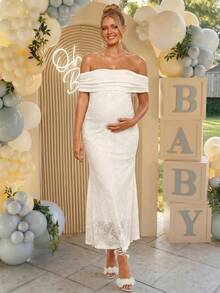 Loomaby Maternity Off-Shoulder Pleated Jacquard Elegant Dress,Gender Reveal Dress,Maternity Dress,Baby Shower Dress - Apricot - View 14