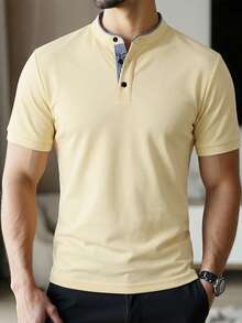 Manfinity Homme 男士半開襟休閒商務 Polo 衫，極簡設計，適合夏季與儀式場合 - 鵝黃色 - 查看 3