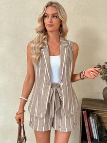EMERY ROSE Summer Women's Blazer Collar Two Pieces Set, Ruffle Tie Shorts, Loose Fit, Suitable For Commuting Vacation, Showcasing Elegant Smart Casual. White - Multicolor - View 6