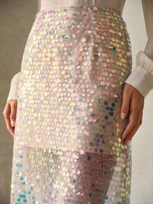 Anewsta Summer Fashion Elegant Ocean Shell Iridescent Sequin Mid-Waist Women's Skirt - Apricot - View 2