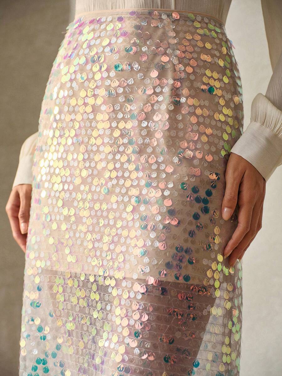 Anewsta Summer Fashion Elegant Ocean Shell Iridescent Sequin Mid-Waist Women's Skirt