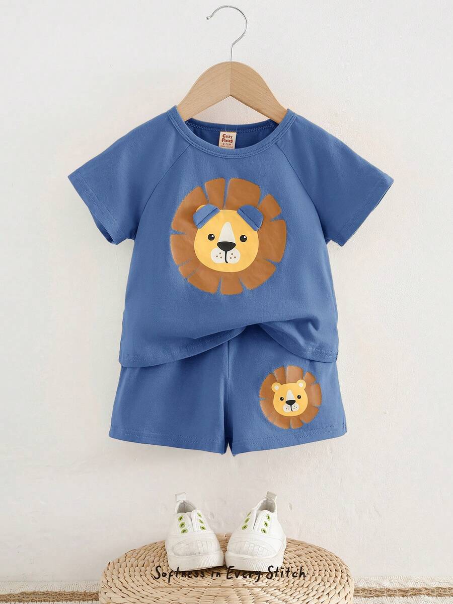 Cozy Pixies 2 Stücke Baby Jungen Cartoon Löwe Muster Strick Rundhals Kurzarm Top und Shorts Set mit elastischem Bund - Graublau - Übersicht 1