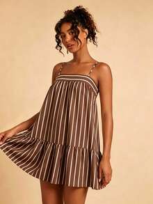 Vestido corto casual sin mangas con volantes y rayas para mujer - Multicolor 9 - Ver 10