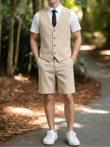 2pcs/Set Gentleman Fit Vest + Short Trousers, Elegant Luxurious Formal Wear For Birthday Party Beach Vacation, Performance, Wedding, Back To School - Khaki - View 8