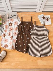 3pcs/Set Girls 4-7 Years Old Summer Casual Strappy Romper, Fashionable Vintage Floral Print & Striped Sleeveless Jumpsuit, Soft Comfortable Slightly Stretchy Fabric, Cute Bohemian Earth Tone Outfit For Beach Vacation, Park And Daily Wear - Multicolor - View 4